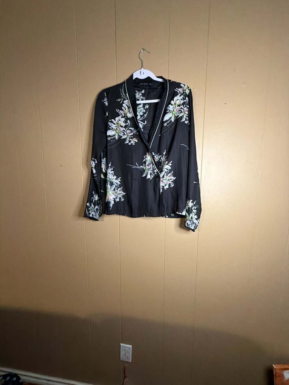 Zara Woman Black Floral Long Sleeve Satin Pajama Style Blouse